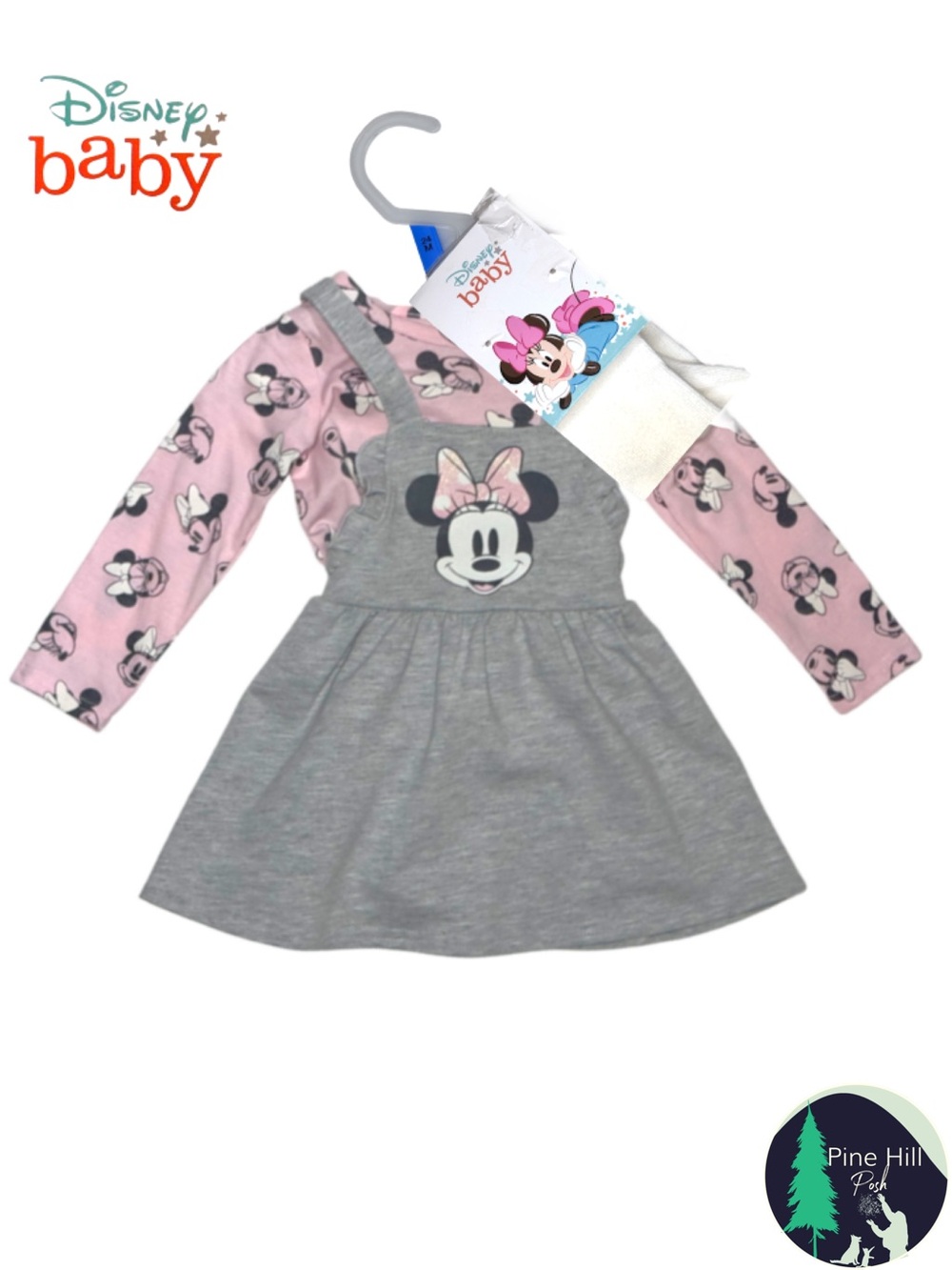 New Disney Baby Minnie Mouse Jumper Pinafore Dress 2 PR Tights 24M Pink Gray NWT